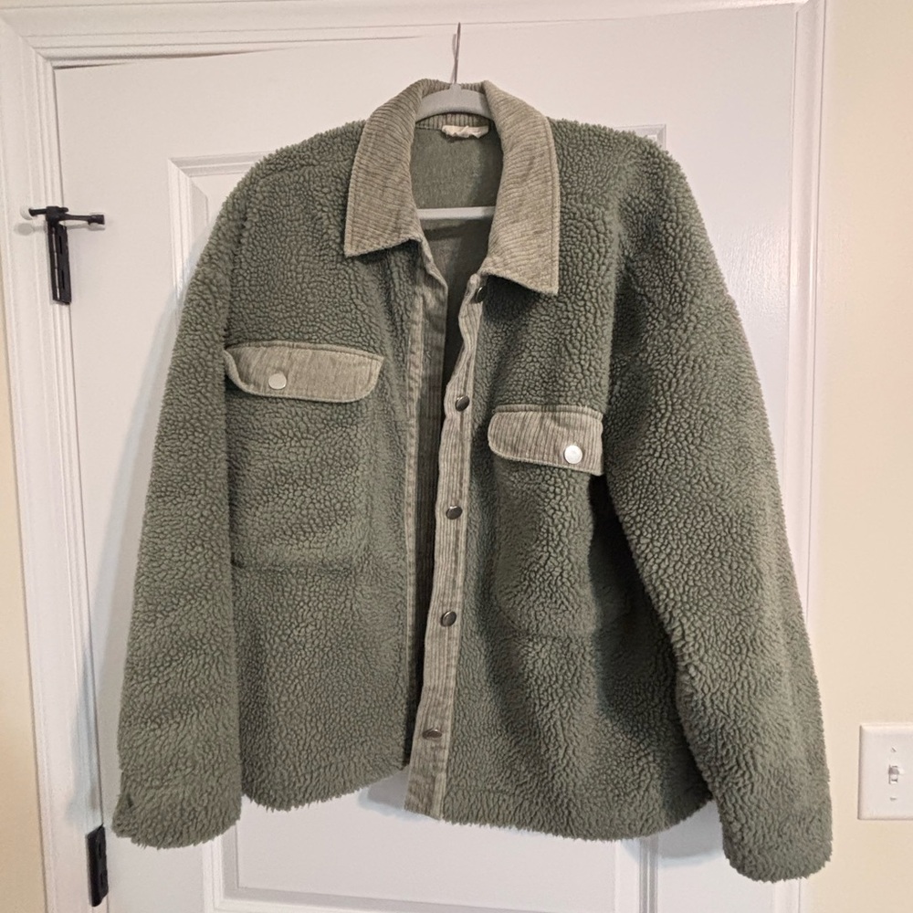La Hearts Olive Green Sherpa Shirt Jacket with Corduroy Trim